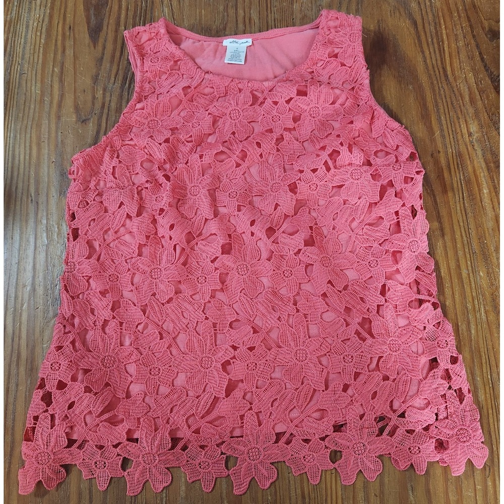 Ultra Pink Crochet Lace Overlay Top Sleeveless Coral Peach Medium Cottagecore